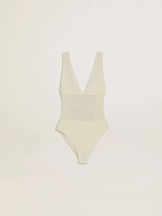 Body da donna in cotone bianco lavorato all’uncinetto