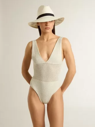 Body da donna in cotone bianco lavorato all’uncinetto