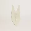 Body da donna in cotone bianco lavorato all’uncinetto