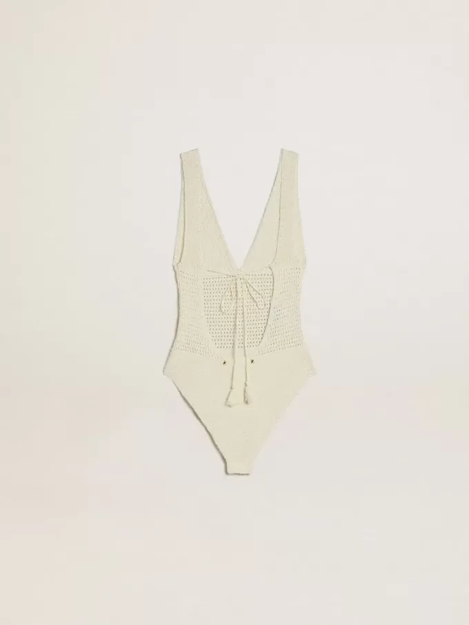 Body da donna in cotone bianco lavorato all’uncinetto