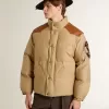 Bomber beige con dettagli in pelle e patch