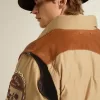 Bomber beige con dettagli in pelle e patch