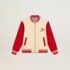 Bomber da bambino in cotone beige e rosso con ricamo sul petto