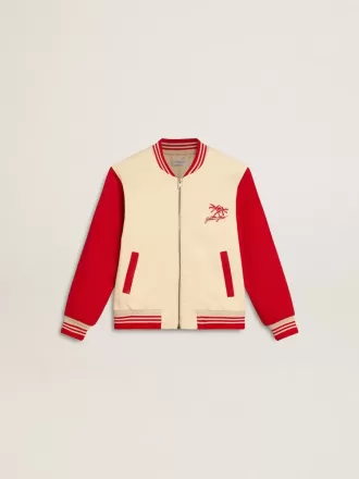 Bomber da bambino in cotone beige e rosso con ricamo sul petto