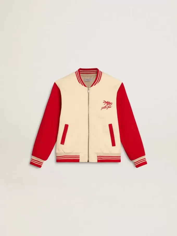 Bomber da bambino in cotone beige e rosso con ricamo sul petto