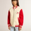 Bomber da bambino in cotone beige e rosso con ricamo sul petto