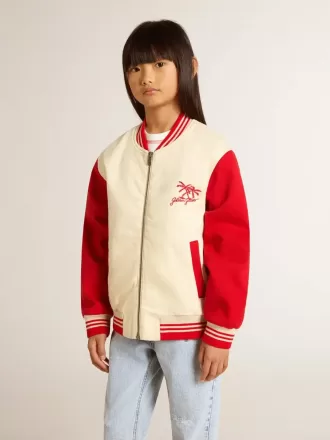 Bomber da bambino in cotone beige e rosso con ricamo sul petto