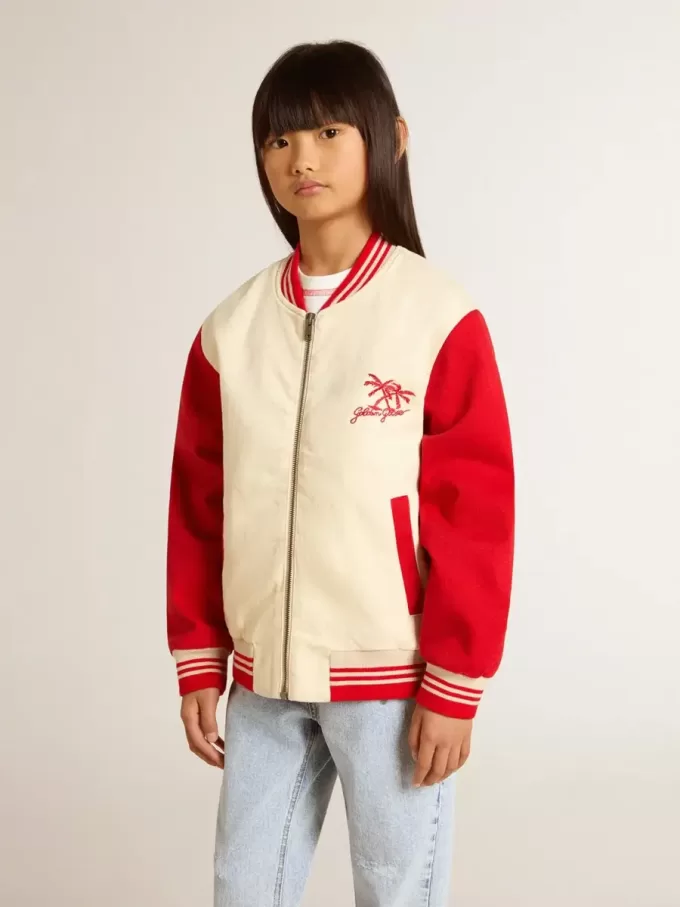 Bomber da bambino in cotone beige e rosso con ricamo sul petto