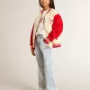 Bomber da bambino in cotone beige e rosso con ricamo sul petto
