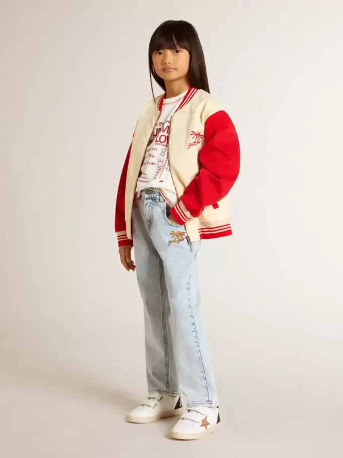 Bomber da bambino in cotone beige e rosso con ricamo sul petto