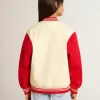 Bomber da bambino in cotone beige e rosso con ricamo sul petto