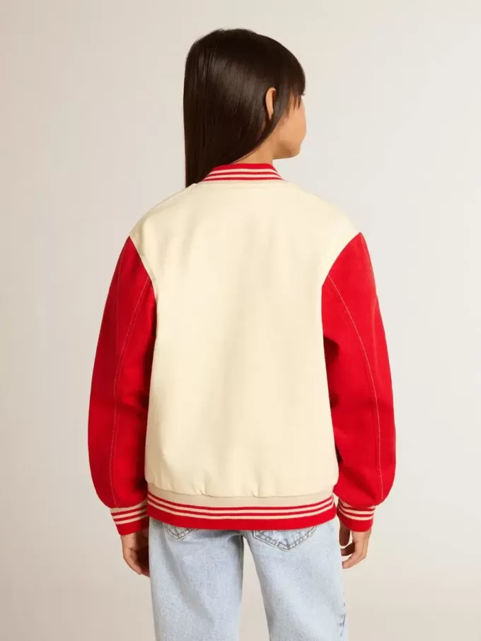 Bomber da bambino in cotone beige e rosso con ricamo sul petto