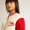 Bomber da bambino in cotone beige e rosso con ricamo sul petto
