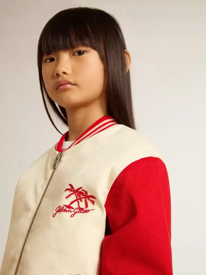 Bomber da bambino in cotone beige e rosso con ricamo sul petto