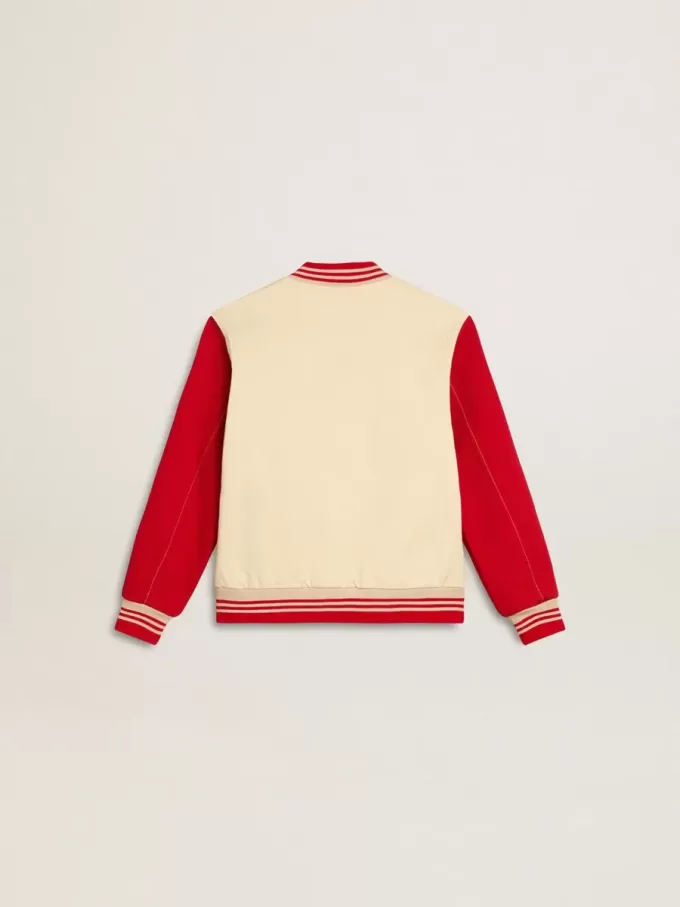 Bomber da bambino in cotone beige e rosso con ricamo sul petto