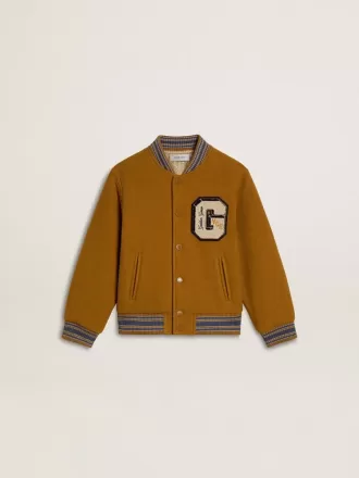 Bomber da bambino in lana giallo ocra con toppa