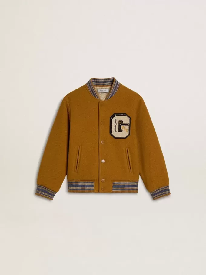 Bomber da bambino in lana giallo ocra con toppa