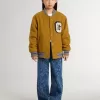Bomber da bambino in lana giallo ocra con toppa