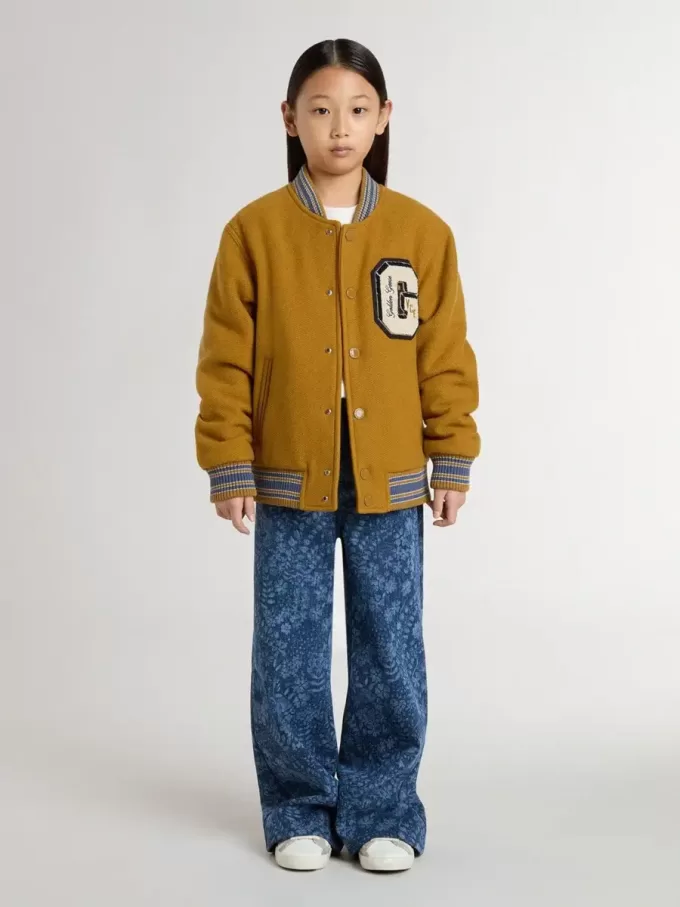 Bomber da bambino in lana giallo ocra con toppa