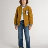 Bomber da bambino in lana giallo ocra con toppa
