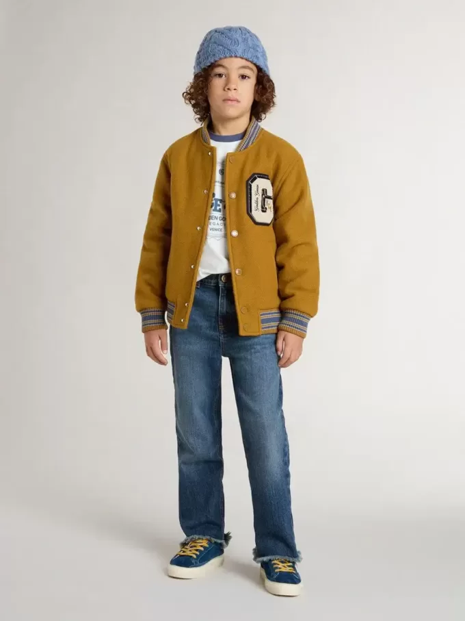 Bomber da bambino in lana giallo ocra con toppa