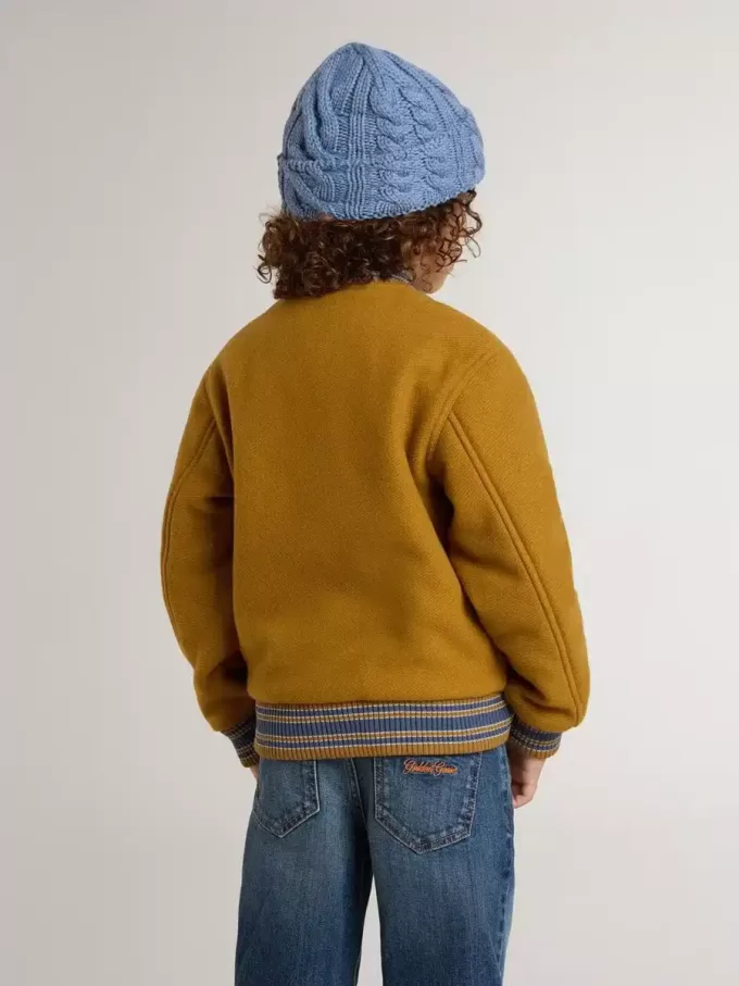 Bomber da bambino in lana giallo ocra con toppa