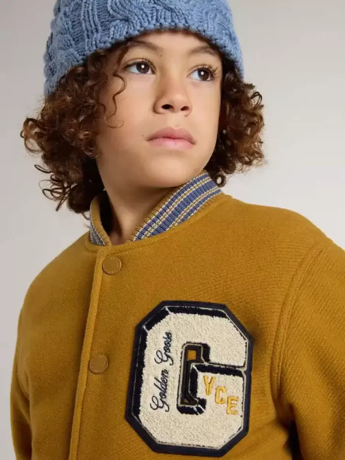 Bomber da bambino in lana giallo ocra con toppa
