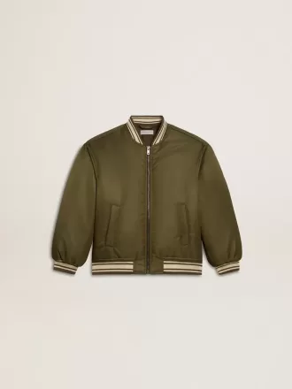Bomber da bambino in nylon verde militare con scritta sul retro
