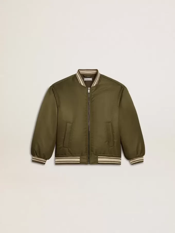 Bomber da bambino in nylon verde militare con scritta sul retro