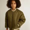 Bomber da bambino in nylon verde militare con scritta sul retro