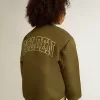 Bomber da bambino in nylon verde militare con scritta sul retro