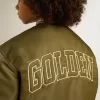 Bomber da bambino in nylon verde militare con scritta sul retro