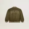 Bomber da bambino in nylon verde militare con scritta sul retro