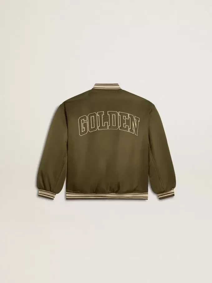 Bomber da bambino in nylon verde militare con scritta sul retro
