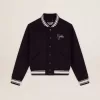 Bomber da donna in lana blu scuro con dettagli bianchi Bomber da donna in lana blu scuro con dettagli bianchi