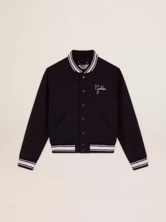 Bomber da donna in lana blu scuro con dettagli bianchi