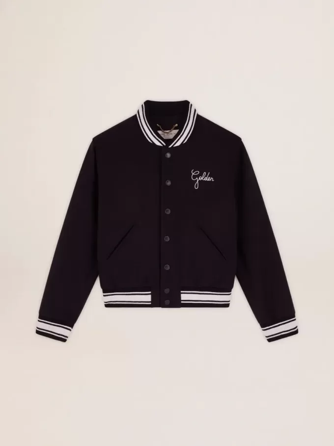 Bomber da donna in lana blu scuro con dettagli bianchi Bomber da donna in lana blu scuro con dettagli bianchi