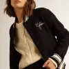Bomber da donna in lana blu scuro con dettagli bianchi Bomber da donna in lana blu scuro con dettagli bianchi