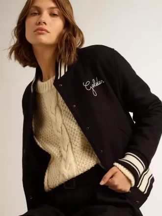 Bomber da donna in lana blu scuro con dettagli bianchi