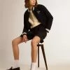 Bomber da donna in lana blu scuro con dettagli bianchi Bomber da donna in lana blu scuro con dettagli bianchi