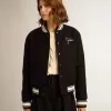 Bomber da donna in lana blu scuro con dettagli bianchi Bomber da donna in lana blu scuro con dettagli bianchi