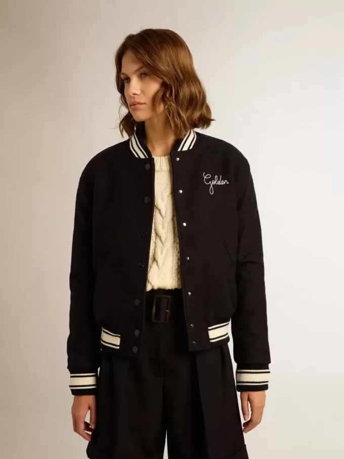Bomber da donna in lana blu scuro con dettagli bianchi Bomber da donna in lana blu scuro con dettagli bianchi
