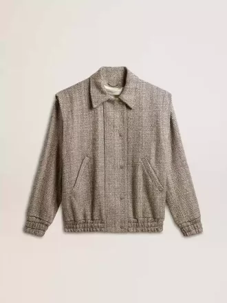 Bomber da donna in lana marrone ecru a spina di pesce