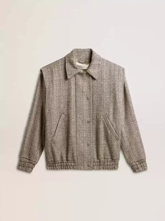 Bomber da donna in lana marrone ecru a spina di pesce Bomber da donna in lana marrone ecru a spina di pesce