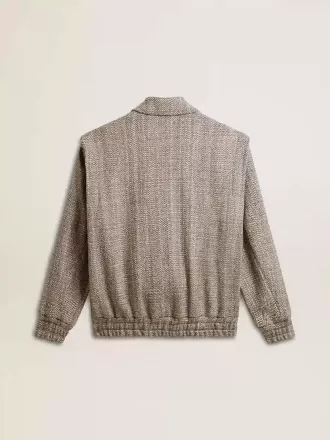 Bomber da donna in lana marrone ecru a spina di pesce