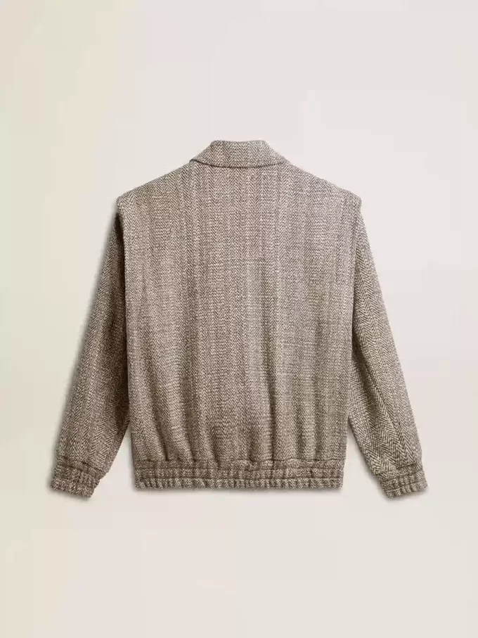 Bomber da donna in lana marrone ecru a spina di pesce Bomber da donna in lana marrone ecru a spina di pesce