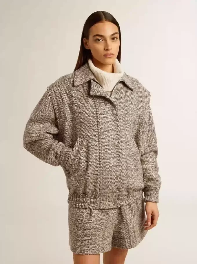 Bomber da donna in lana marrone ecru a spina di pesce Bomber da donna in lana marrone ecru a spina di pesce