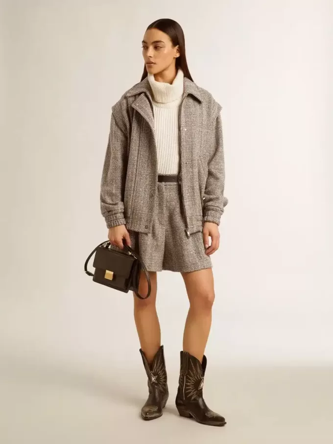Bomber da donna in lana marrone ecru a spina di pesce Bomber da donna in lana marrone ecru a spina di pesce