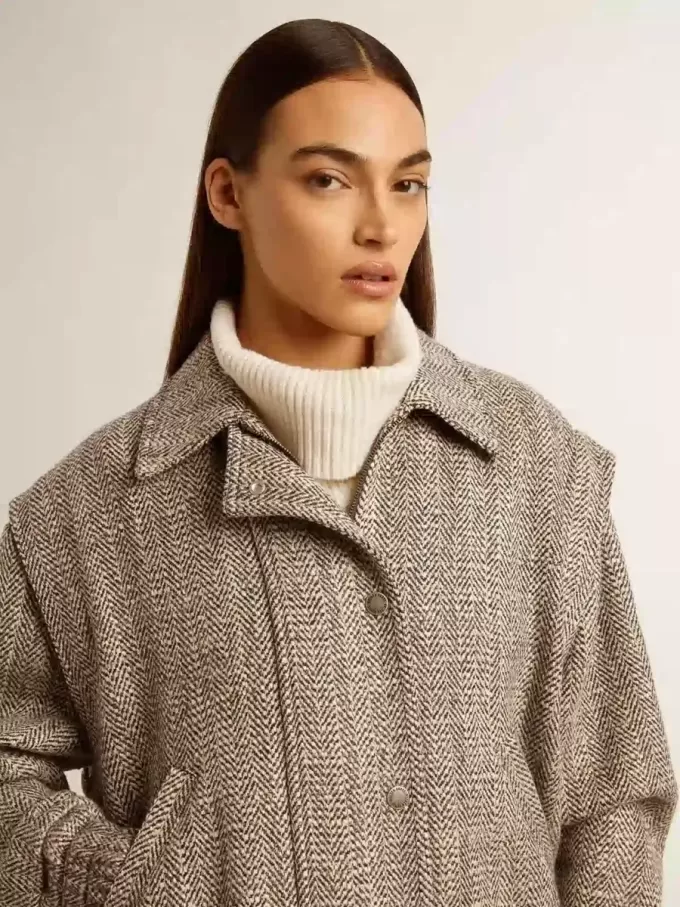 Bomber da donna in lana marrone ecru a spina di pesce Bomber da donna in lana marrone ecru a spina di pesce