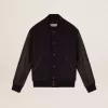 Bomber da uomo in lana blu scuro con maniche in pelle Bomber da uomo in lana blu scuro con maniche in pelle
